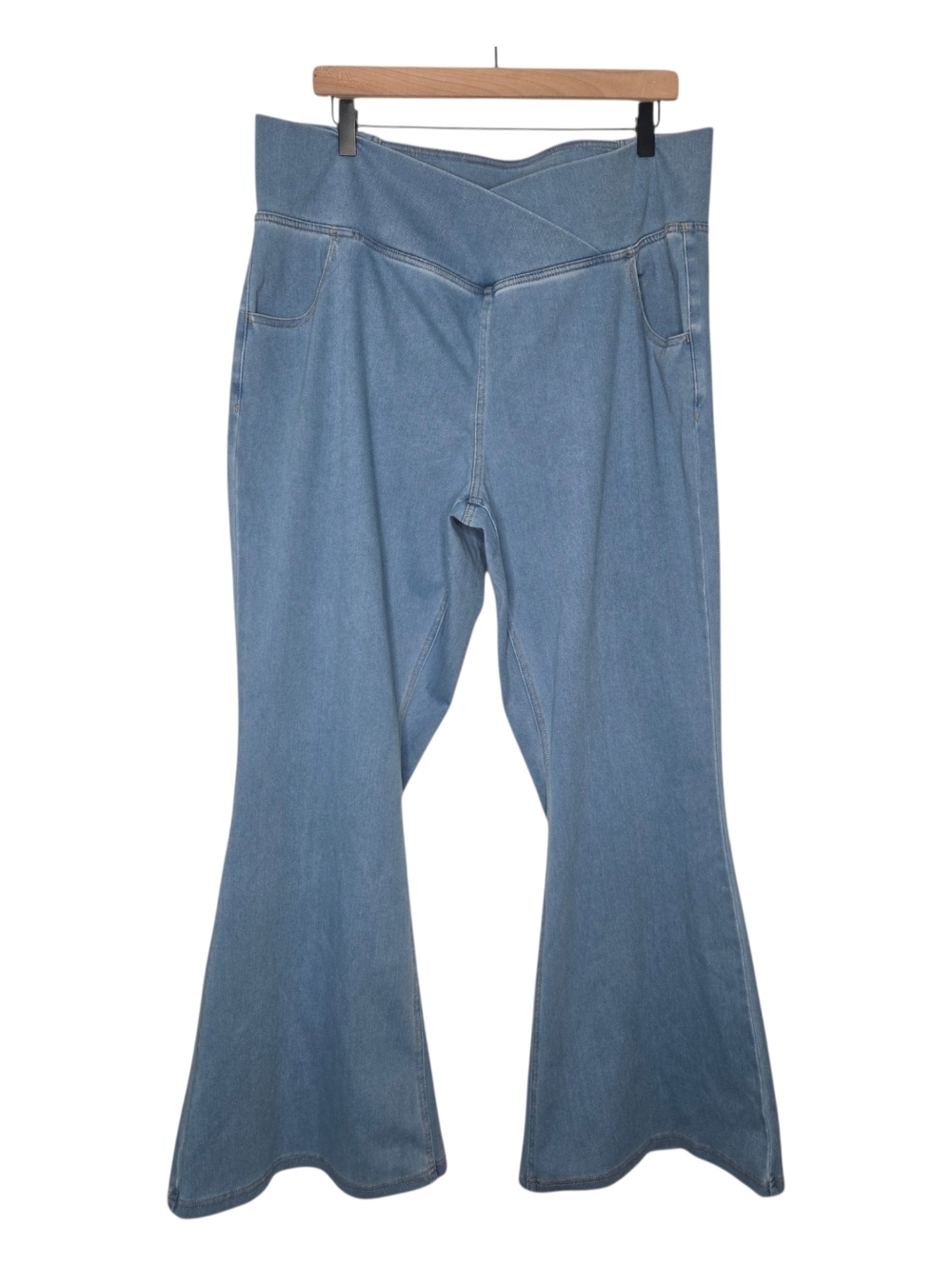 Halara Womens Flex High Waist Pastel Blue Wash Crossover Flare Denim Jeans 2X P - Picture 2 of 8